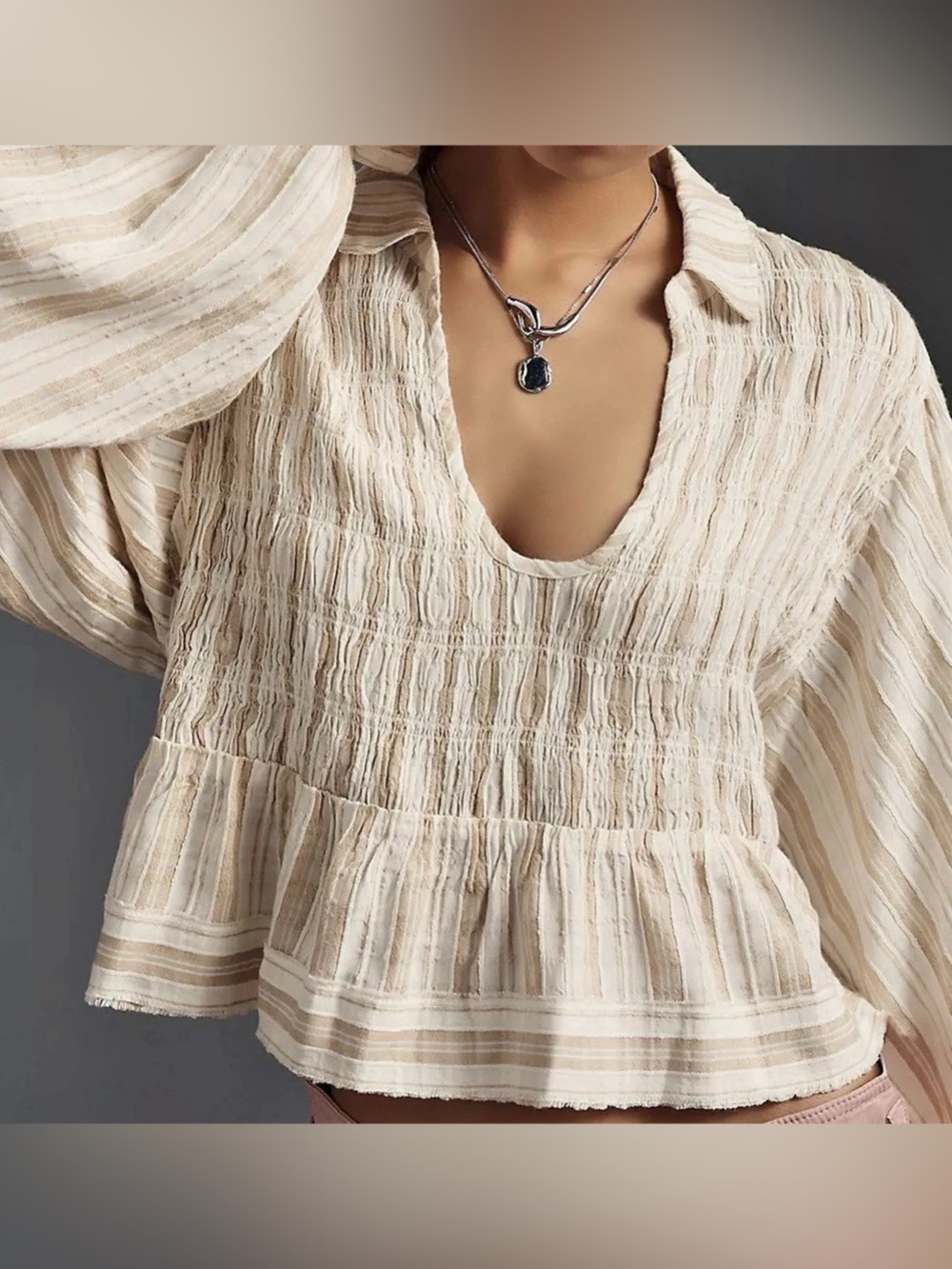 Anthropologie Cream & Beige Striped Smocked Collared Peplum Blouse - Size M